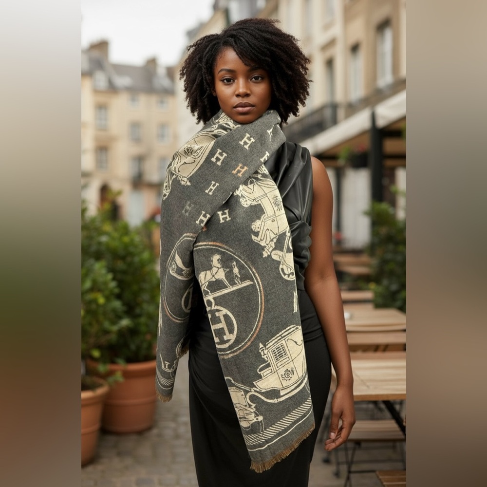 Luxury H logo dark gray Cream horse carriage winter cashmere Scarf wrap NEW